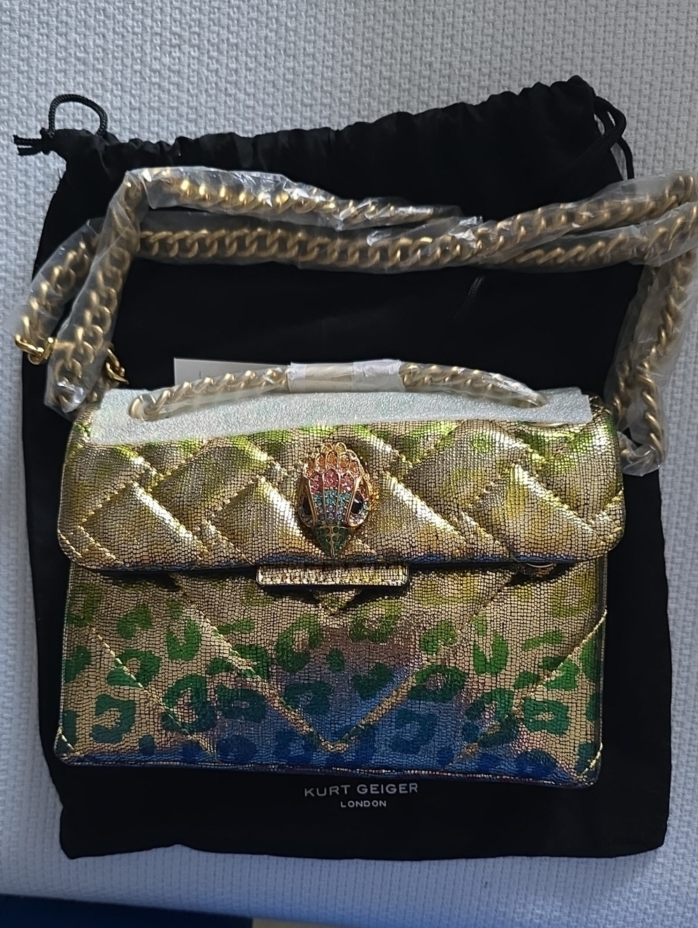 Kurt Geiger Metallic Quilted Shoulder Bag in Gold and Green